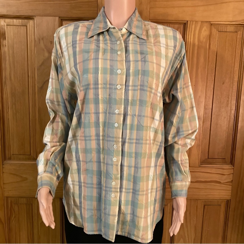 NWOT Citi Craze Vintage 80s 90s Top Long Sleeve Blouse Plaid Tan Blue Size M
